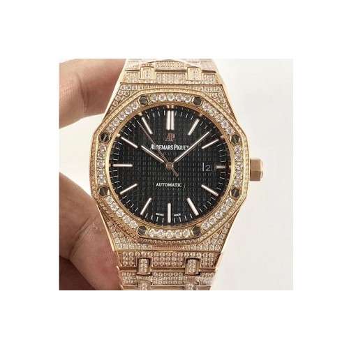 Audemars Piguet Audemars Piguet Royal Oak 41mm 15400 RG Full Paved Diamonds Black Dial A3120