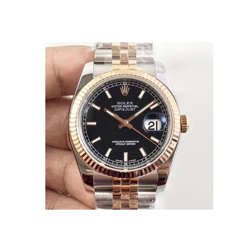 Rolex DateJust 36 116231 SS/RG 904L ARF 1:1 Best Edition Black Dial Sticks Markers on 904L SS/RG Jubilee Bracelet SA3135