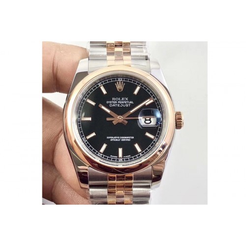 Rolex DateJust 36 116231 Smooth Bezel SS/RG 904L ARF 1:1 Best Edition Black Dial Sticks Markers on 904L SS/RG Jubilee Bracelet S