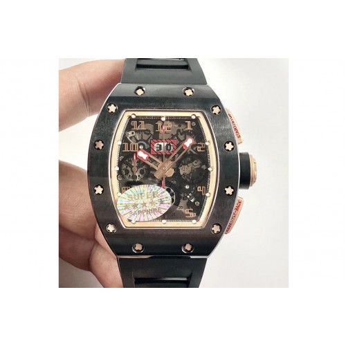 Richard Mille RM011 Real Ceramic Case Chronograph KVF 1:1 Best Edition Crystal Skeleton Dial Gold Markers on Black Rubber Strap 