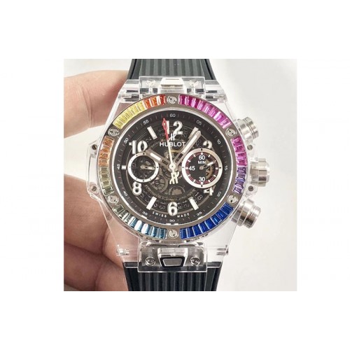 Hublot Big Bang Unico Magic Sapphire 45mm OXF Best Edition Rainbow Crystal Bezel White Dial on Black Rubber Strap A1242
