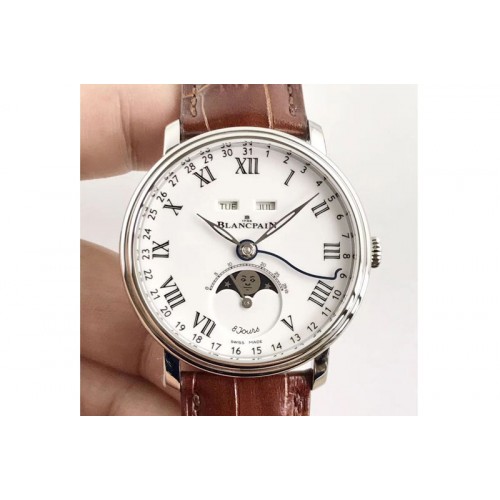 Blancpain Villeret Quanti�me Complet 8 Jours SS Complicated Function OMF 1:1 Best Edition White Dial on Brown Leather Strap A663
