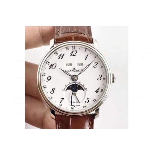 Blancpain Villeret Quanti�me Complet 8 Jours SS Complicated Function OMF 1:1 Best Edition White Dial Numeral Markers on Brown Le