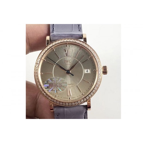 IWC Portofino IW458101 Diamond Bezel RG MK 1:1 Best Edition Silver Dial On Gray leather strap MIYOTA 9015