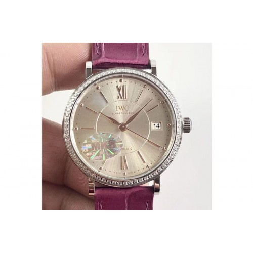 IWC Portofino IW458101 Diamond Bezel SS MK 1:1 Best Edition Silver Dial On Purple leather strap MIYOTA 9015