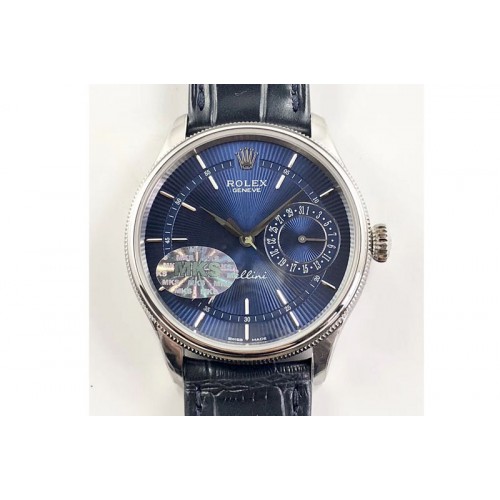 Rolex Cellini 50519 Real Date SS MK Best Edition Blue Dial Sticks Markers on Blue Leather Strap A3165