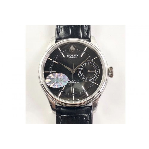Rolex Cellini 50519 Real Date SS MK Best Edition Black Dial Sticks Markers on Black Leather Strap A3165
