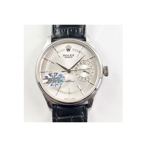 Rolex Cellini 50519 Real Date SS MK Best Edition Silver Dial Sticks Markers on Black Leather Strap A3165