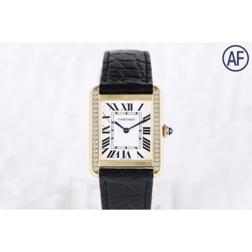 Cartier Tank Solo Ladies 25mm Dia Bezel YG AF 1:1 Best Edition White Dial on Black Leather Strap Ronda Quartz
