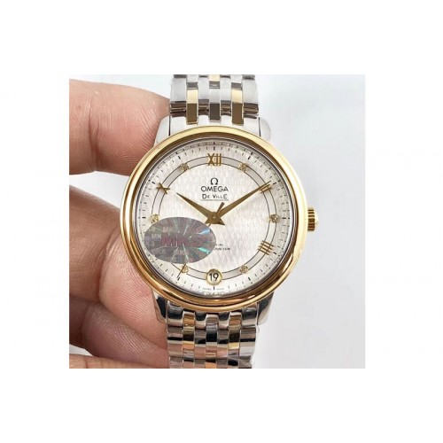 Omega De Ville Ladies SS/YG MKF 1:1 Best Edition White Textured dial on SS/YG Bracelet Miyota 9015 (Free leather strap)