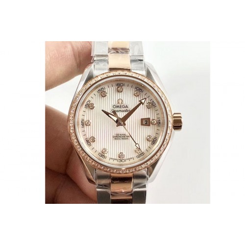 Omega Aqua Terra 150M 34mm Ladies SS/RG 3SF Best Edition White Textured MOP Dial Diamonds Bezel on SS/RG Bracelet A8520