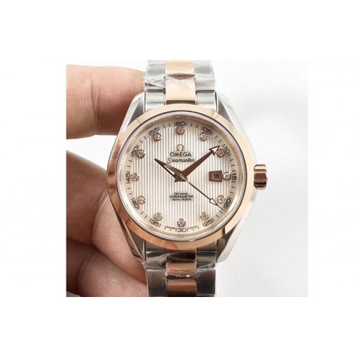 Omega Aqua Terra 150M 34mm Ladies SS/RG 3SF Best Edition White Textured MOP Dial on SS/RG Bracelet A8520