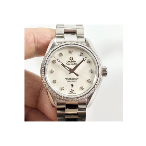 Omega Aqua Terra 150M 34mm Ladies SS 3SF Best Edition White MOP Dial Diamonds Bezel on SS Bracelet A8520