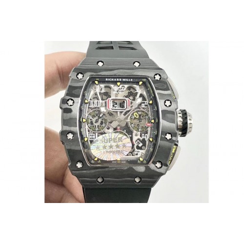 Richard Mille RM011 Carbon Case Chrono KVF 1:1 Best Edition Crystal Skeleton Yellow Dial on Black Rubber Strap A7750 Richard Mille RM011 Carbon Case Chrono KVF 1:1 Best Edition Crystal Skeleton Yellow Dial on Black Rubber Strap A7750