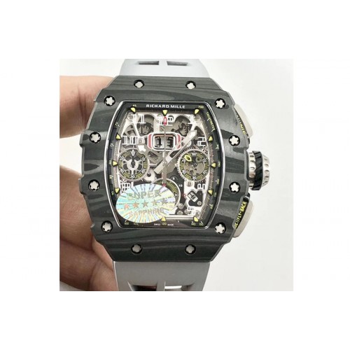 Richard Mille RM011 Carbon Case Chrono KVF 1:1 Best Edition Crystal Skeleton Yellow Dial on Gray Rubber Strap A7750 Richard Mille RM011 Carbon Case Chrono KVF 1:1 Best Edition Crystal Skeleton Yellow Dial on Gray Rubber Strap A7750