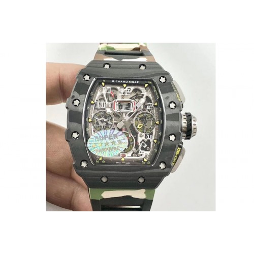 Richard Mille RM011 Carbon Case Chrono KVF 1:1 Best Edition Crystal Skeleton Yellow Dial on Camo Rubber Strap A7750