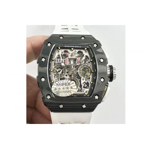 Richard Mille RM011 Carbon Case Chrono KVF 1:1 Best Edition Crystal Skeleton Yellow Dial on White Rubber Strap A7750