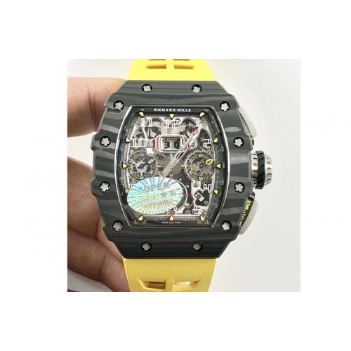 Richard Mille RM011 Carbon Case Chrono KVF 1:1 Best Edition Crystal Skeleton Yellow Dial on Yellow Rubber Strap A7750 Richard Mille RM011 Carbon Case Chrono KVF 1:1 Best Edition Crystal Skeleton Yellow Dial on Yellow Rubber Strap A7750