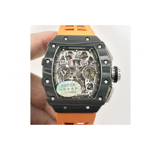 Richard Mille RM011 Carbon Case Chrono KVF 1:1 Best Edition Crystal Skeleton Yellow Dial on Orange Rubber Strap A7750 Richard Mille RM011 Carbon Case Chrono KVF 1:1 Best Edition Crystal Skeleton Yellow Dial on Orange Rubber Strap A7750