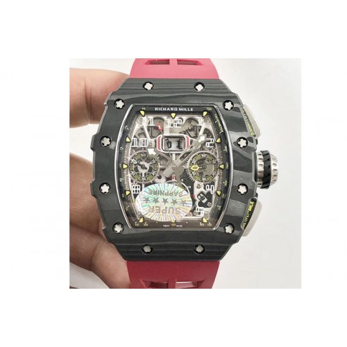 Richard Mille RM011 Carbon Case Chrono KVF 1:1 Best Edition Crystal Skeleton Yellow Dial on Red Rubber Strap A7750 Richard Mille RM011 Carbon Case Chrono KVF 1:1 Best Edition Crystal Skeleton Yellow Dial on Red Rubber Strap A7750