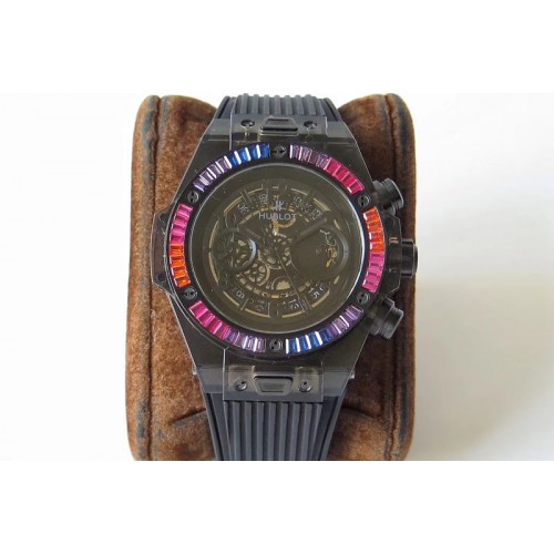 Hublot Big Bang Unico Black Magic Sapphire 45mm Color Diamonds Bezel OXF Best Edition Skeleton Dial on Black Rubber Strap A1242
