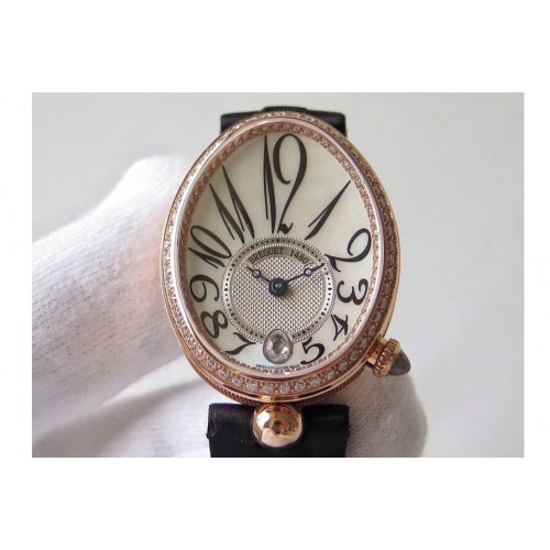 Breguet Reine de Naples 8918BB RG ZF 1:1 Best Edition White MOP Dial Diamonds Bezel on Black Fabric Strap A537