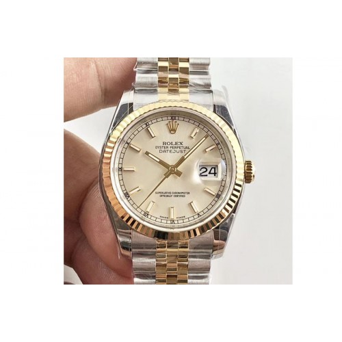 Rolex DateJust 36 SS/YG 116233 ARF 1:1 Best Edition 904L Steel White Dial Stick Markers on Jubilee Bracelet SH3135 V2