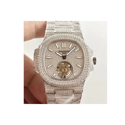 Patek Philippe Nautilus Jumbo 5711 Tourbillon SS Full Paved Diamonds White Dial And Bracelet