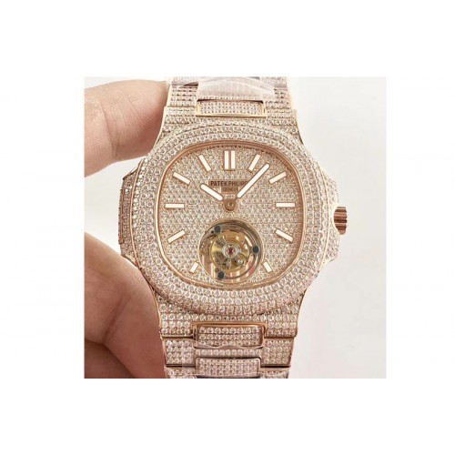 Patek Philippe Nautilus Jumbo 5711 Tourbillon RG Full Paved Diamonds White Dial And Bracelet