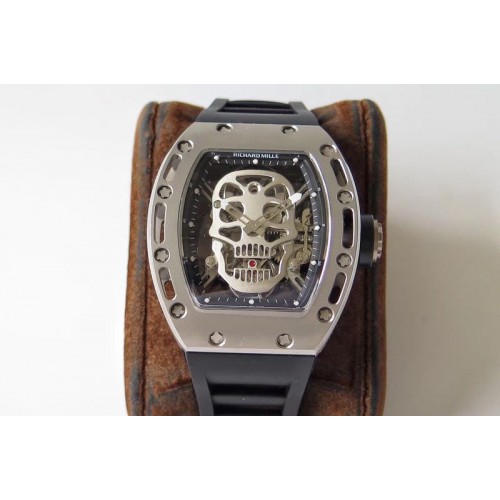 Richard Mille RM052 Titanium Real Tourbillon EURF Best Edition Skeleton Skull Dial on Black Rubber Strap