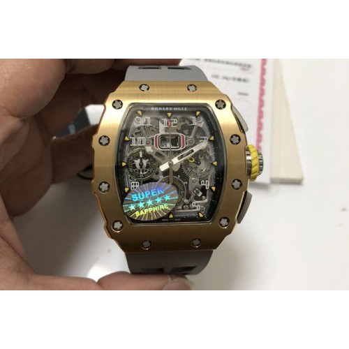 18K Yellow Gold Wrapped Richard Mille RM011 RG Chronograph Titanium KVF Crystal Skeleton Dial on Rubber Strap A7750 18K Yellow Gold Wrapped Richard Mille RM011 RG Chronograph Titanium KVF Crystal Skeleton Dial on Rubber Strap A7750