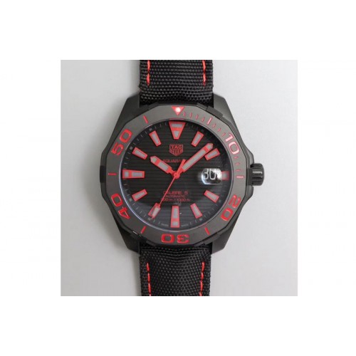 Tag Heuer Aquaracer Calibre 5 PVD 43mm V6F 1:1 Best Edition Black/Red Dial on Brown Nylon Strap A2824