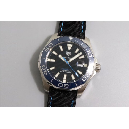 Tag Heuer Aquaracer Calibre 5 SS 43mm V6F 1:1 Best Edition Black Dial Blue Hand on Black Nylon Strap A2824
