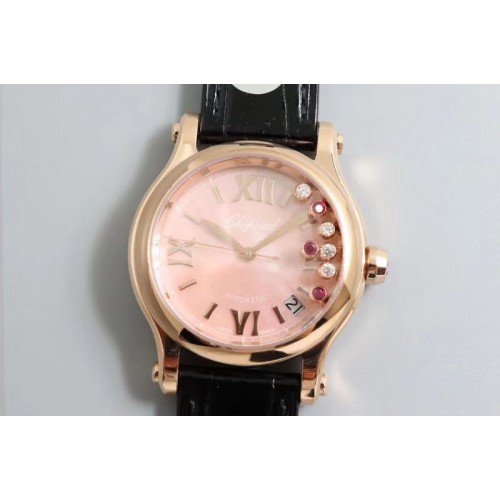 Chopard Happy Sport Medium Automatic 278559 Rose Gold 36mm YF Best Edtion Pink Dial on Black Leather Strap