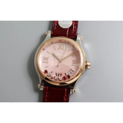 Chopard Happy Sport Medium Automatic 278559 Rose Gold/SS 36mm YF Best Edtion Pink Dial on Red Leather Strap