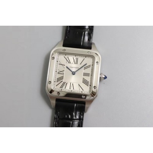 Cartier Santos 38mm SS XF 1:1 Best Edition Silver Dial on Black Leather Strap Ronda Quartz
