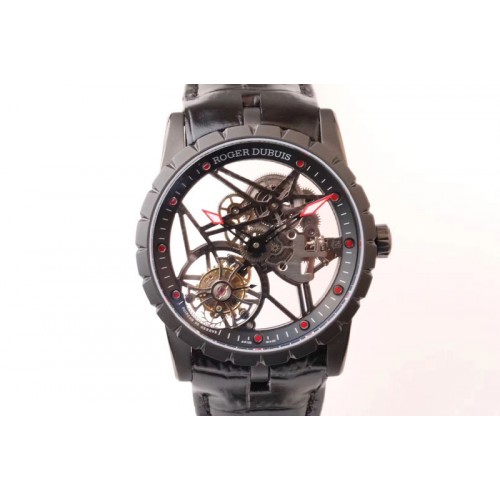Roger Dubuis Excalibur Rddbex0393 Black Case BBR Best Edition Skeleton Dial on Black Leather Strap A2136 Tourbillon