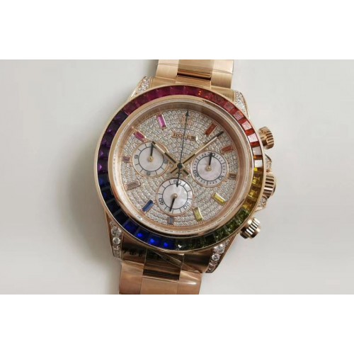 Rolex Daytona 116595RBOW RG Rainbow Crystal SGP Best Edition Diamonds Dial on RG Bracelet A7750 Rolex Daytona 116595RBOW RG Rainbow Crystal SGP Best Edition Diamonds Dial on RG Bracelet A7750