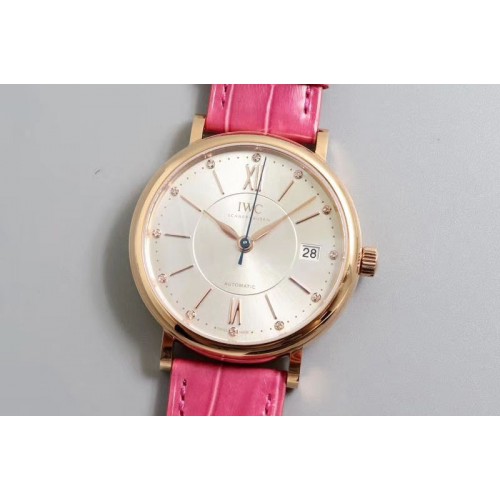 IWC Portofino Automatic 37 RG M+F 1:1 Best Edition Silver Dial on Pink Crocodile Strap A35111