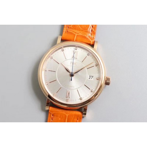 IWC Portofino Automatic 37 RG M+F 1:1 Best Edition Silver Dial on Orange Crocodile Strap A35111
