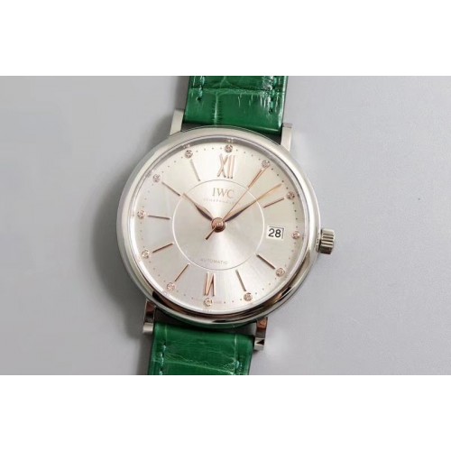 IWC Portofino Automatic 37 SS M+F 1:1 Best Edition Silver Dial on Green Crocodile Strap A35111