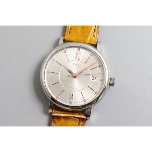 IWC Portofino Automatic 37 SS M+F 1:1 Best Edition Silver Dial on Brown Crocodile Strap A35111