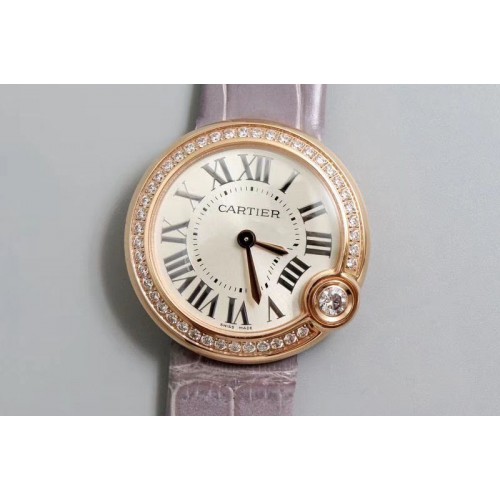 Ballon Bleu de Cartier 30mm 1:1 Best Edtion  Diamond Bezel RG/LE White Dial Pink Leather strap Swiss Quartz