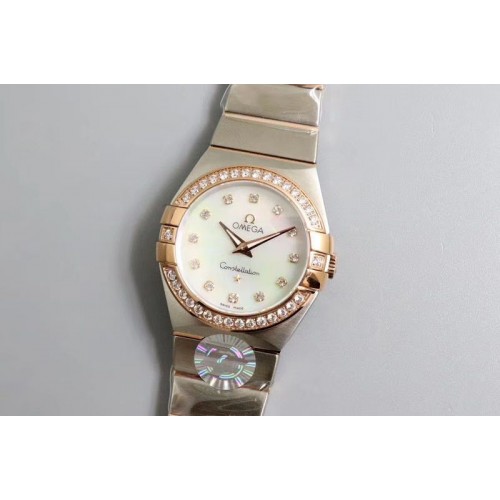 Omega Constellation Ladies 27mm SS/RG White MOP Dial Diamonds Bezel & Markers on SS/RG Bracelet Cal.1376 Omega Constellation Ladies 27mm SS/RG White MOP Dial Diamonds Bezel & Markers on SS/RG Bracelet Cal.1376