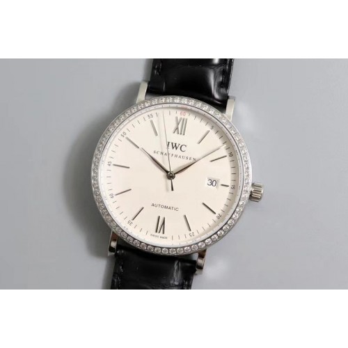 IWC Portofino Automatic IWS Best Edtion Diamond Bezel White Dial on Black Leather Strap A2892
