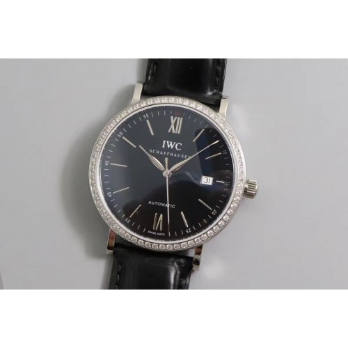 IWC Portofino Automatic IWS Best Edtion Diamond Bezel Black Dial on Black Leather Strap A2892