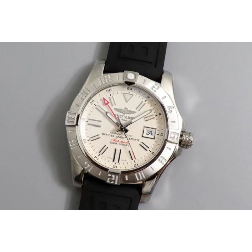 Breitling Avenger GMT SS GF 1:1 Best Edition White Dial Stick Markers on Black rubber Strap A2836
