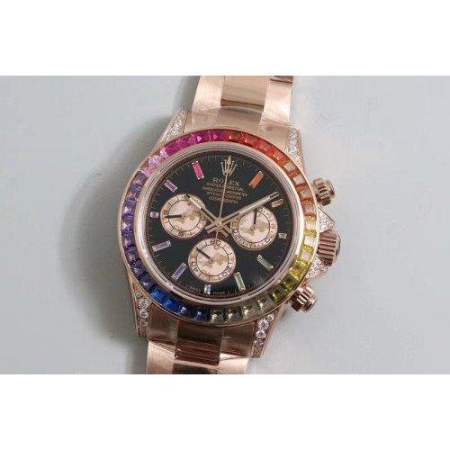 Rolex Daytona 116589 RBOW RG Rainbow Crystal JHF Best Edition Black Dial on YG Bracelet A4130
