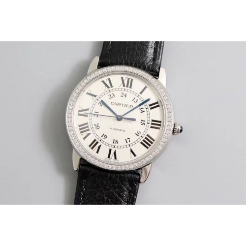 Ronde Solo De Cartier WSRN0021 36mm SS A8 Best Edtion White Dial Diamond Bezel Black Crocodile Strap Cal.076
