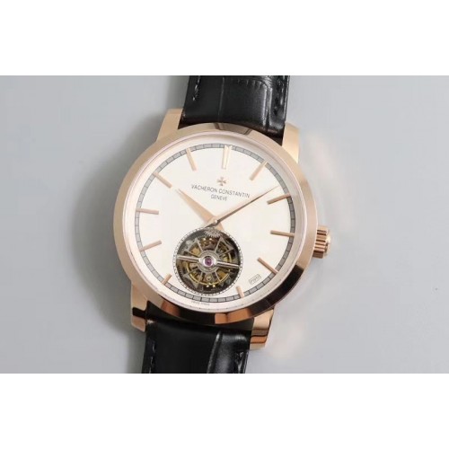 Vacheron Constantin 6000T/000R/B346 The Patrimony Tourbillon RG/LE White Dial Black Leather Strap